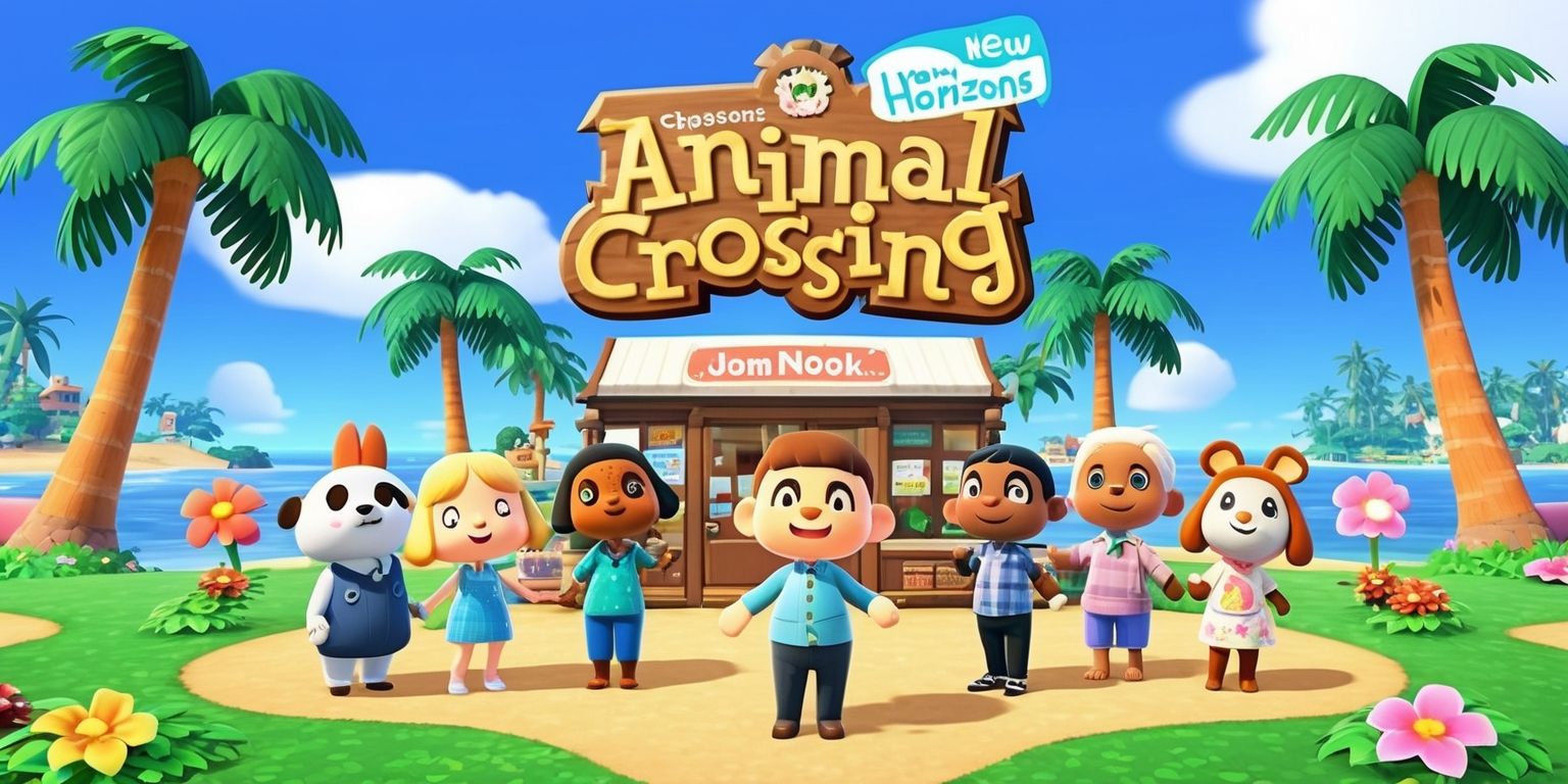 A serene and vibrant digital illustration of the Animal Crossing: New Horizons game, set on a picturesque island with lush green grass, colorful flowers, and towering palm trees, featuring Tom Nook standing in front of his store, with a warm and inviting smile, surrounded by various characters like Isabelle, K.K. Slider, and other adorable villagers, all with unique facial features and skin tones, amidst a bright blue sky with a few fluffy white clouds, incorporating the game's distinct visual style, with bold lines, soft textures, and a mix of pastel and earthy colors, including the game's logo in a fun, cursive font, with the title Animal Crossing: New Horizons prominently displayed in a bold, white font, capturing the game's charming atmosphere and sense of community.