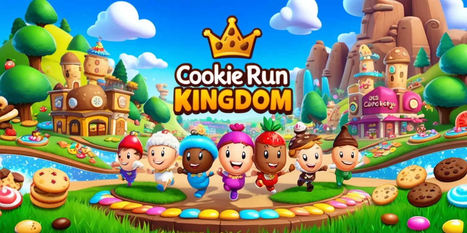 A colorful digital illustration of the Cookie Run Kingdom game, featuring a vibrant and whimsical setting with rolling hills, towering trees, and bustling cookie-themed buildings, set against a clear blue sky with puffy white clouds, with various cookie characters, each with unique facial features, skin colors, and accessories, such as Pure Vanilla Cookie, Strawberry Cookie, and Chocolate Chip Cookie, interacting with each other and their surroundings, surrounded by lush green grass, sparkling water features, and an assortment of colorful cookies, candies, and other treats, with the game's logo, a stylized golden crown with a cookie at its center, prominently displayed in bold, golden font, with a sense of excitement, adventure, and joy emanating from the scene.