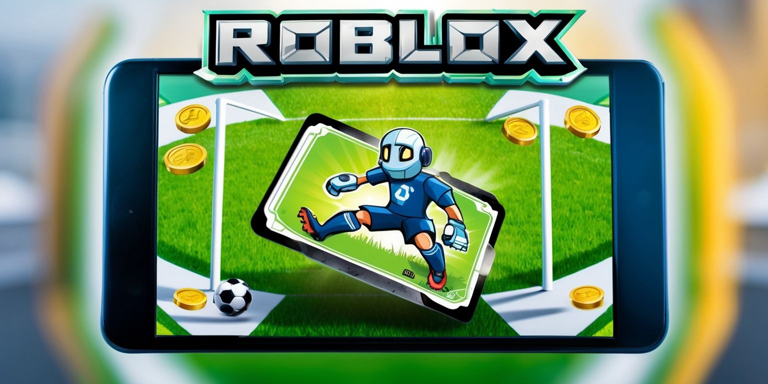 A detailed illustration of a Roblox game screen displaying a soccer card spinning animation, with vibrant colors and bold fonts, the soccer card is designed with a dynamic robotic character wearing a soccer jersey and cleats, set against a bright green grassy background with white goalposts, the card's edges are slightly worn and rounded, with a glossy finish, the game's logo is emblazoned on the top of the screen in a futuristic font with metallic letters, the overall style is playful and energetic, with sharp lines and smooth textures, the spinning card is positioned at the center of the screen, surrounded by virtual coins and rewards, the background is blurred to emphasize the card's movement, with a subtle gradient effect to enhance the overall visual appeal.