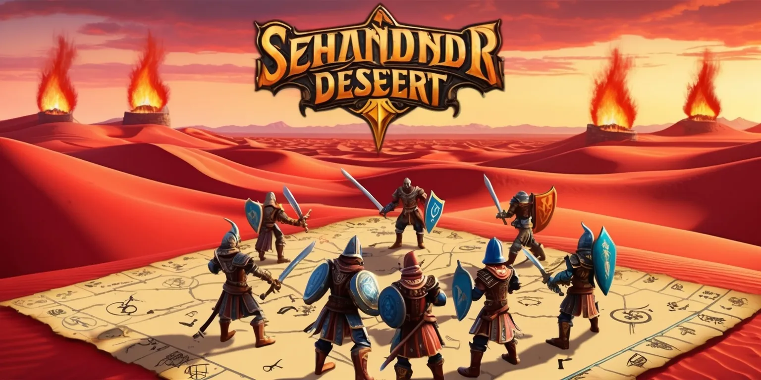 A vibrant digital illustration depicting a sprawling desert landscape with crimson-hued sand dunes stretching towards the horizon, set against a warm orange and pink sunset sky, with a few distant pyres burning intensely, and in the foreground, a group of adventurers clad in ornate armor, wielding swords and shields, with determined expressions on their faces, gathered around a large, intricately designed map of the desert, scattered with cryptic symbols and markings, as they plan their next move, with the game's logo, featuring bold, golden font with a stylized, curved sword emblem, prominently displayed at the top of the image.