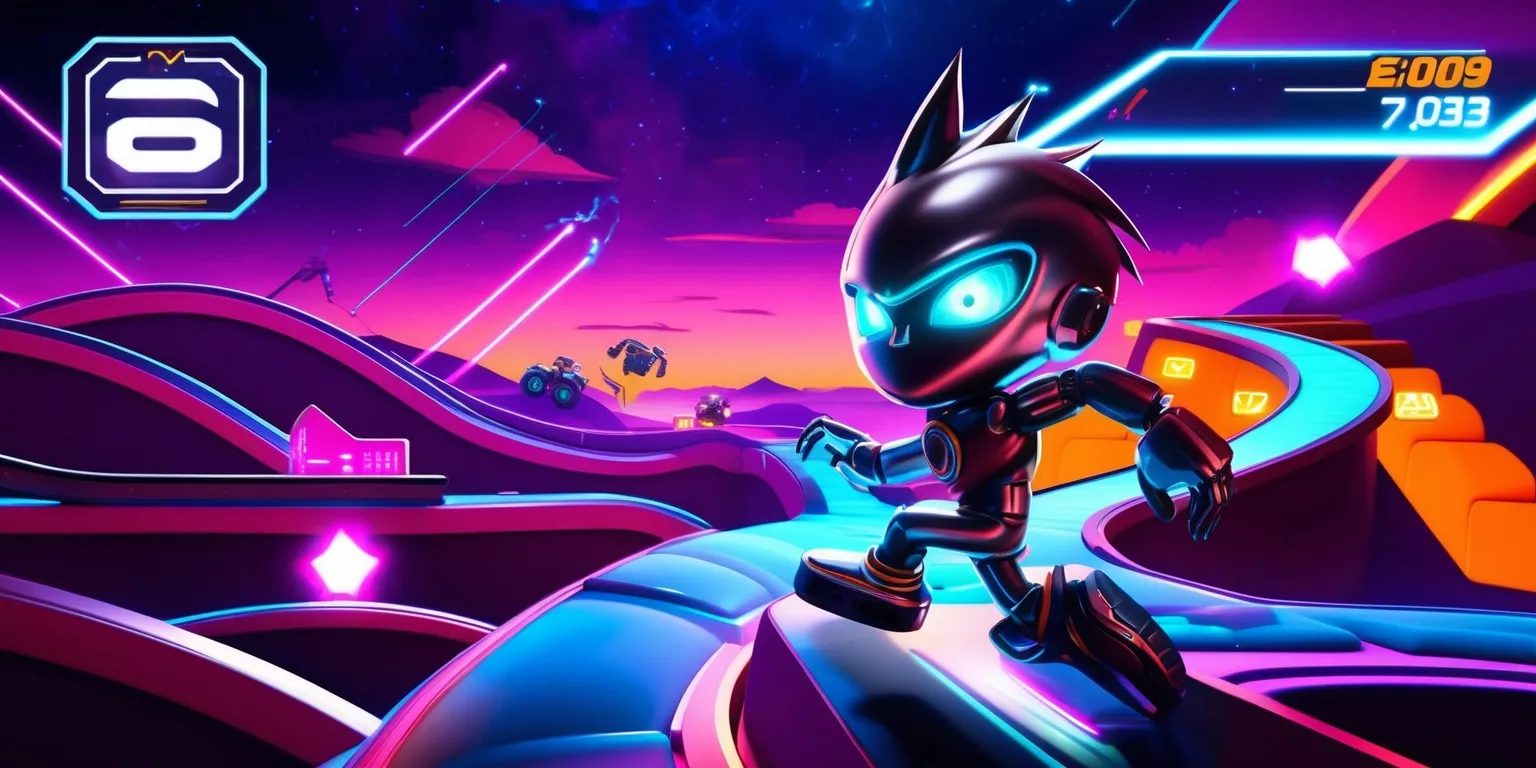 A vibrant and futuristic experimental platformer game scene with a bold, neon-lit atmosphere, featuring a sleek, metallic protagonist with glowing blue eyes and short, spiky hair, navigating through a challenging, obstacle-filled level with rolling hills, treacherous pits, and winding tunnels, set against a stunning, starry night sky with hues of purple, pink, and orange, and adorned with futuristic, high-tech elements, such as holographic platforms, robotic enemies, and glowing power-ups, with a dynamic, fast-paced layout and a mix of sharp, angular lines and smooth, curved shapes, and bold, eye-catching text overlays displaying the game's logo, score, and level progress in a modern, sans-serif font with bright, electric blue color.