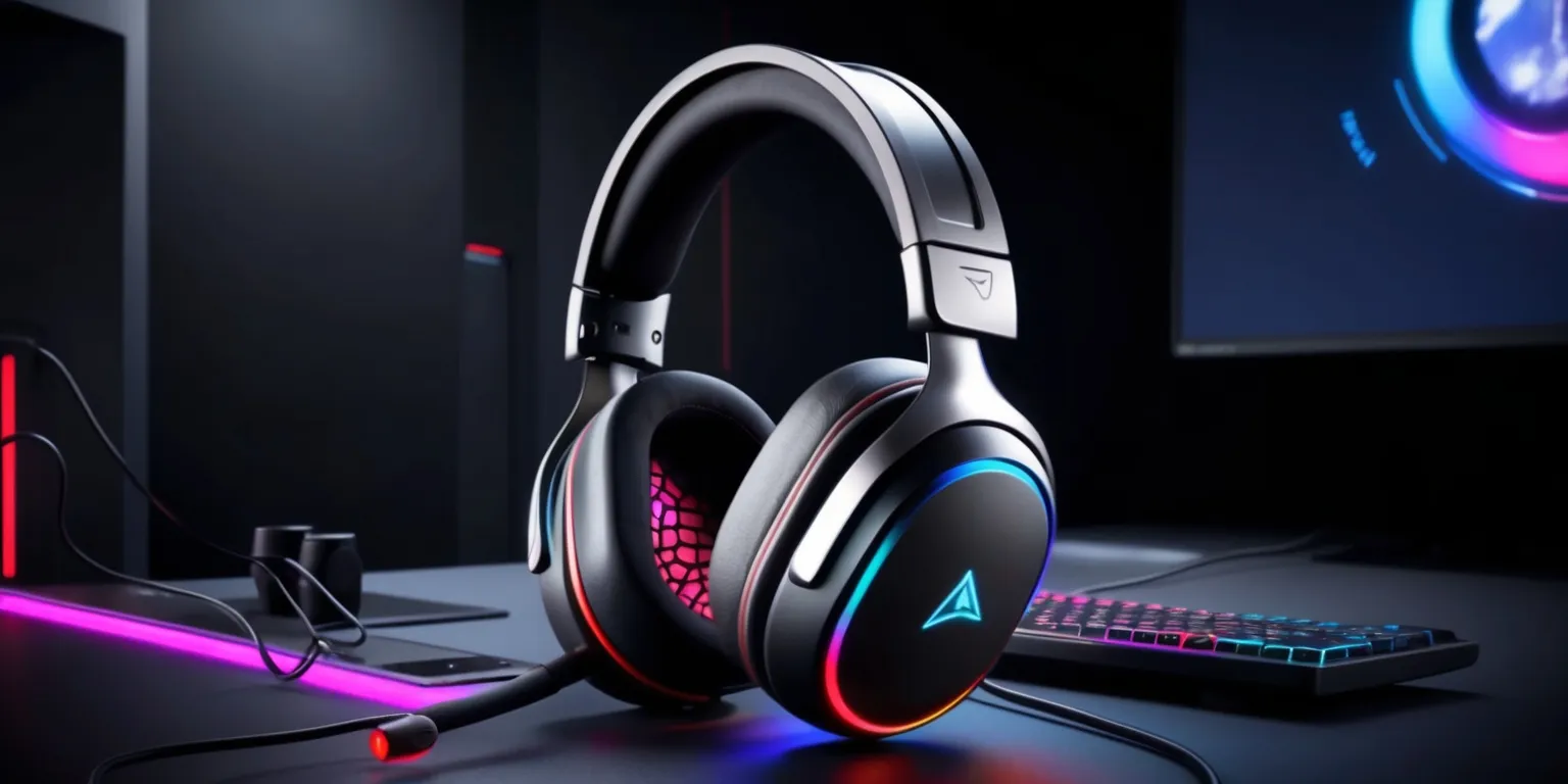 A sleek, high-end gaming headset with a sturdy, ergonomic design, featuring innovative haptic bass technology and sophisticated driver technology for an immersive audio experience, with extensive connectivity options and customizable digital controls, shown in a modern, dimly lit gaming setup with a large screen display in the background, the headset itself has a predominantly matte black finish with metallic accents, and vibrant, colorful lights lining the ear cups and headband, with a few cables and wires neatly managed around the headset, the overall atmosphere is one of intense focus and engagement, with the headset as the central, most important element, inviting the viewer to put it on and become fully immersed in the virtual world.