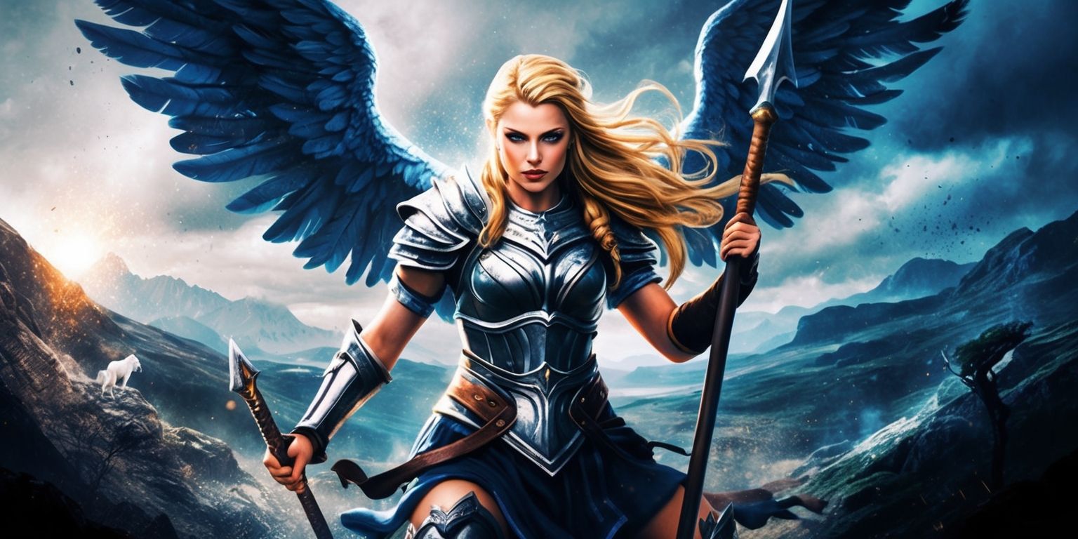 A fantasy-themed illustration of a female warrior, inspired by the Valkyrie's Odyssey game, set against a mystical Norse mythology backdrop with a dramatic sky and rugged landscape, featuring the warrior in a dynamic pose, with intricate armor, wings, and a spear, her facial features strong and determined, with a fierce gaze, long blonde hair flowing in the wind, and a radiant aura, surrounded by subtle hints of magic and mythical creatures, with a color palette of blues and greys to evoke a sense of adventure and mythology, and a subtle glow to convey an otherworldly atmosphere, with bold lines and vibrant textures to bring the scene to life.