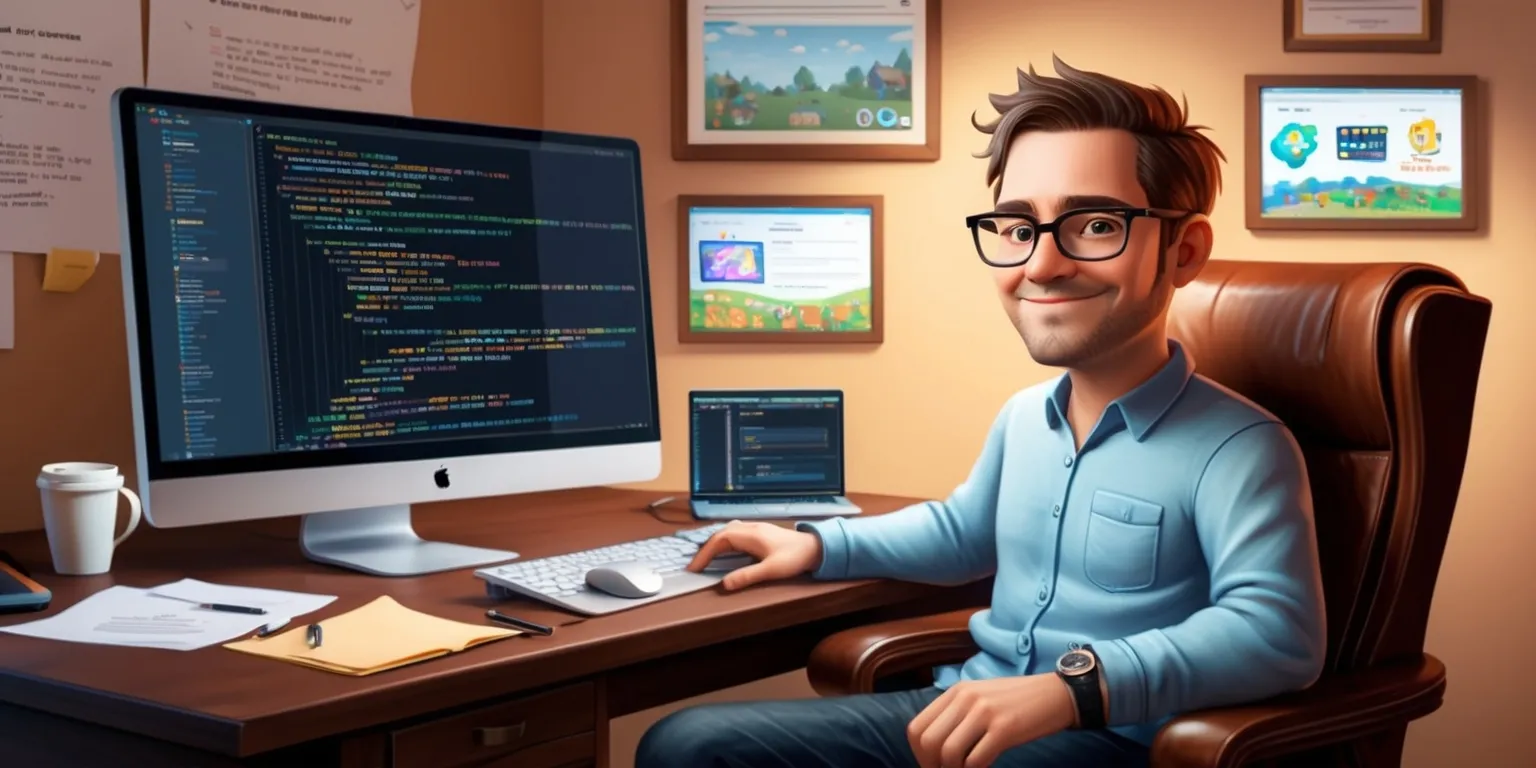 A portrait of a game developer sitting in front of a computer with a thoughtful expression, surrounded by notes, sketches, and screens displaying lines of code, with a warm and cozy background, featuring a desk made of dark wood, a high-backed leather chair, and a few framed screenshots of their games on the wall, the developer has a kind face with a gentle smile, short brown hair, and a few days' worth of stubble, wearing a pair of black-rimmed glasses and a casual outfit consisting of a light blue shirt and dark jeans, with a cup of coffee on the edge of the desk, the overall color palette is a mix of muted earth tones and soft blues, with a sense of comfort and focus, the text on the screens is in a modern monospaced font, and the logos on the screenshots are stylized and colorful, with a few awards and certificates on the wall, the image conveys a sense of dedication and passion for game development.